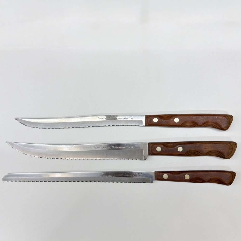 Vintage Flint Stainless Vanadium USA Knife Set of 3 Serrated Wood Handle Cutlery